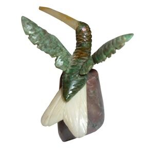 Hand Carved Stone Hummingbird Figurine Gemstone Bird on Natural Rock Base